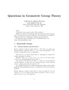 Questions in Geometric Group Theory Collected by Mladen Bestvina [removed] http://www.math.utah.edu/∼bestvina Major revision August 22, 2000