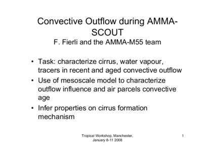 Convective Outflow during AMMASCOUT F. Fierli and the AMMA-M55 team • Task: characterize cirrus, water vapour, tracers in recent and aged convective outflow • Use of mesoscale model to characterize outflow influence 