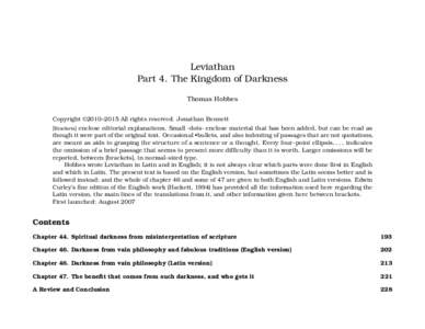 Leviathan Part 4. The Kingdom of Darkness Thomas Hobbes Copyright ©2010–2015 All rights reserved. Jonathan Bennett [Brackets] enclose editorial explanations. Small ·dots· enclose material that has been added, but ca