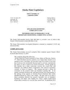 Complaint SAlaska State Legislature Select Committee on Legislative Ethics 716 W. 4th, Suite 230