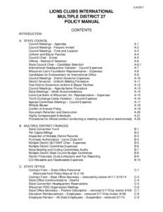 LIONS CLUBS INTERNATIONAL MULTIPLE DISTRICT 27 POLICY MANUAL CONTENTS