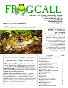 NEWSLETTER No. 111 FebruaryTHE FROG AND TADPOLE STUDY GROUP NSW Inc. Email:  PO Box 296 Rockdale NSW 2216 Frogwatch Helpline