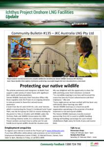 Community Bulletin #135 – JKC Australia LNG Pty Ltd  Project workers recently learned some valuable wildlife first aid skills from Darwin Wildlife Sanctuary CEO Ally Bryce Inset: Fauna handlers from Leighton Contractor