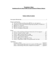 Westminster College Institutional Review Board (IRB) for the Protection of Human Subjects Packet: Table of Contents  Description/Membership ................................................................................