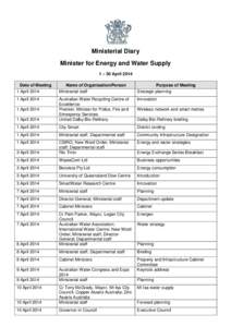 Ministerial Diary Minister for Energy and Water Supply 1 – 30 April 2014 Date of Meeting  Name of Organisation/Person