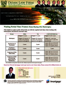 Waiting Period Time Frames: Home Buying After Bankruptcy This helpful at-a-glance guide will provide you with the required wait times when working with bankruptcies, foreclosures and short sales. Event Bankruptcy