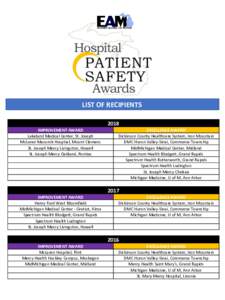 LIST OF RECIPIENTS 2018 IMPROVEMENT AWARD Lakeland Medical Center, St. Joseph McLaren Macomb Hosptial, Mount Clemens St. Joseph Mercy Livingston, Howell