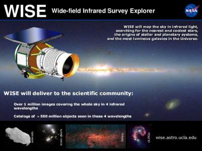 WISE  Wide-field Infrared Survey Explorer WISE will map the sky in infrared light, searching for the nearest and coolest stars, the origins of stellar and planetary systems,
