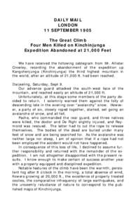 DAILY MAIL LONDON 11 SEPTEMBER 1905 The Great Climb Four Men Killed on Kinchinjunga Expedition Abandoned at 21,000 Feet