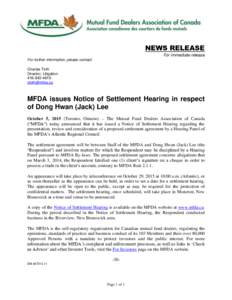 News release - MFDA issues Notice of Settlement Hearing in respect of Dong Hwan (Jack) Lee