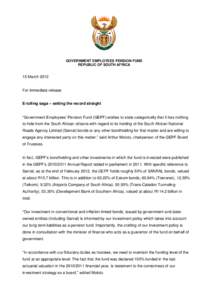 GOVERNMENT EMPLOYEES PENSION FUND REPUBLIC OF SOUTH AFRICA 15 MarchFor immediate release