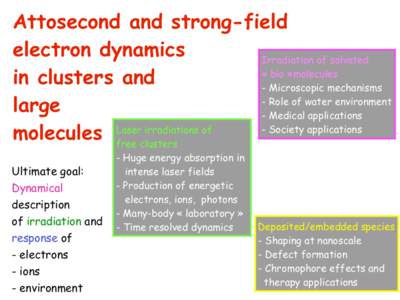 Attosecond and strong-field electron dynamics Irradiation of solvated « bio »molecules in clusters and - Microscopic mechanisms