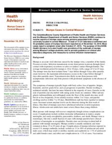 Missouri Department of Health & Senior Services  Health • Advisory: Mumps Cases in