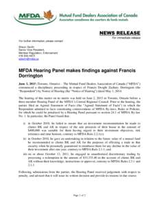 News release - MFDA Hearing Panel makes findings against Francis Dorrington