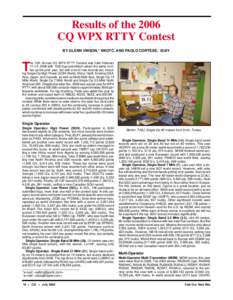 Results of the 2006 CQ WPX RTTY Contest BY GLENN VINSON,* W6OTC, AND PAOLO CORTESE,† I2UIY he 12th Annual CQ WPX RTTY Contest was held February 11–12, 2006 with 1332 logs submitted—about the same number as the prio