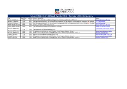 School of Dentistry O Week EventsBachelor of Dental Surgery Day Start Time Monday 23 February 12:00 Monday 23 February
