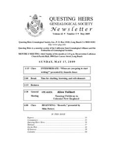 QUESTING HEIRS GENEALOGICAL SOCIETY N e w s l e tt e r Volume 42  Number 5  May 2009