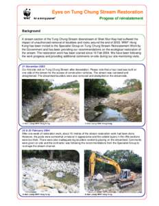 Eyes on Tung Chung Stream Restoration Progess of reinstatement Background A stream section of the Tung Chung Stream downstream of Shek Mun Kap had suffered the impact of unauthorized removal of boulders and rocks around 