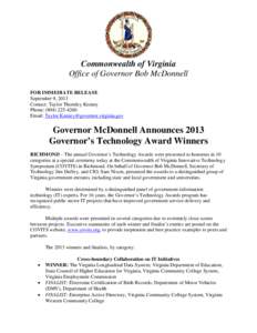 Commonwealth of Virginia Office of Governor Bob McDonnell FOR IMMEDIATE RELEASE September 9, 2013 Contact: Taylor Thornley Keeney Phone: (