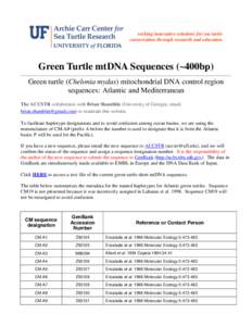 seeking innovative solutions for sea turtle conservation through research and education Green Turtle mtDNA Sequences (~400bp) Green turtle (Chelonia mydas) mitochondrial DNA control region sequences: Atlantic and Mediter