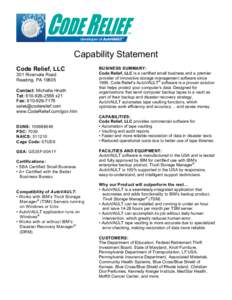    Capability Statement	
   Code Relief, LLC 301 Rivervale Road Reading, PA 19605