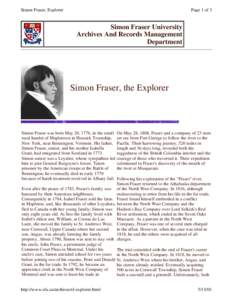 Simon Fraser, Explorer  Page 1 of 3 Simon Fraser University Archives And Records Management