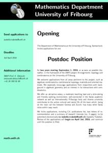 Mathematics Department University of Fribourg Send applications to Opening