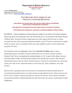 Department of Historic Resources For Immediate Release March 17, 2016 Contact: Randy Jones Department of Historic Resources / 