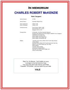 In memorium CHARLES ROBERT McKENZIE Rank: Sergeant Service Number:  217395