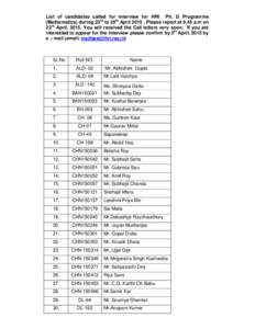 List of candidates called for interview for HRI Ph. D Programme (Mathematics) during 23rd to 25th AprilPlease report at 9.45 a.m on 23rd April, 2015. You will received the Call letters very soon. If you are inter