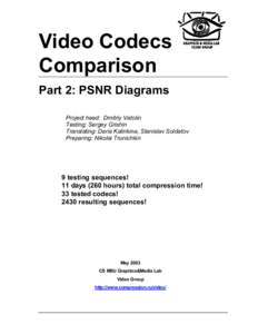 Video Codecs Comparison Part 2: PSNR Diagrams Project head: Dmitriy Vatolin Testing: Sergey Grishin Translating: Daria Kalinkina, Stanislav Soldatov