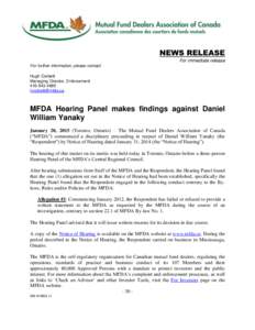 News release - MFDA Hearing Panel makes findings against Daniel William Yanaky