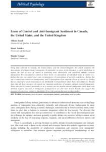 Locus of Control and Anti&#8208;Immigrant Sentiment in Canada, the United States, and the United Kingdom