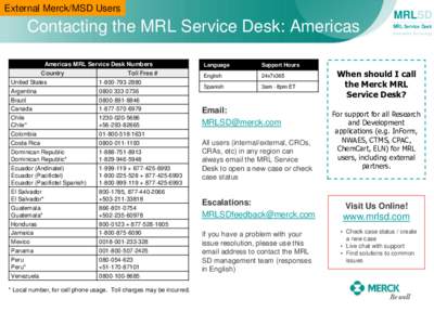 External Merck/MSD Users  Contacting the MRL Service Desk: Americas Americas MRL Service Desk Numbers Country Toll Free #