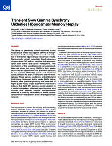 Neuron  Article Transient Slow Gamma Synchrony Underlies Hippocampal Memory Replay Margaret F. Carr,1,2 Mattias P. Karlsson,1,3 and Loren M. Frank1,*