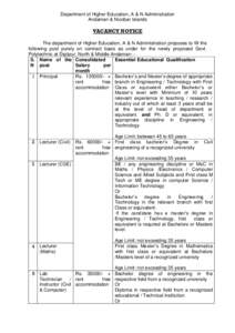 Department of Higher Education, A & N Administration Andaman & Nicobar Islands VACANCY NOTICE The department of Higher Education, A & N Administration proposes to fill the following post purely on contract basis as under