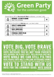 General Election (MP for Bournemouth West constituency - you have 1 vote)  McManus , Elizabeth Joanne Green Party Candidate  Local Election (Councillors for Alderney ward - you have 3 votes)