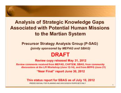 Analysis of Strategic Knowledge Gaps Associated with Potential Human Missions to the Martian System Precursor Strategy Analysis Group (P-SAG) (jointly sponsored by MEPAG and SBAG)