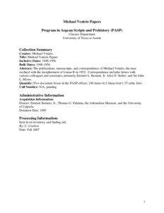 Michael Ventris Papers Program in Aegean Scripts and Prehistory (PASP) Classics Department