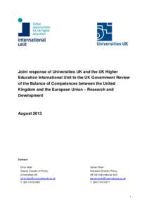 Joint response of Universities UK and the UK Higher Education International Unit to the UK Government Review of the Balance of Competences between the United Kingdom and the European Union – Research and Development