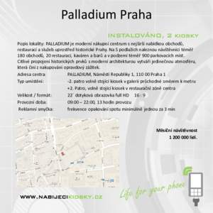 Palladium Praha INSTALOVÁNO, 2 kiosky Popis lokality: PALLADIUM je moderní nákupní centrum s nejširší nabídkou obchodů, restaurací a služeb uprostřed historické Prahy. Na 5 podlažích naleznou návštěvní