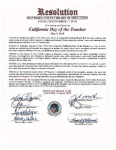 3&e%olutio it  MONTEREY COUNTY BOARD OF EDUCATION RESOLUTION NUMBERProclaiming and J—Jonoring