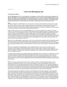 Letter From Birmingham Jail 1  AUGUST 1963 Letter from Birmingham Jail by Martin Luther King, Jr.
