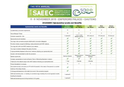 2016SAEEC Sponsorship Levels and Benefits Pinnacle R342,Platinum R114,000.00