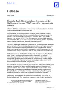 Release Hong Kong 15 JuneDeutsche Bank China completes first cross-border