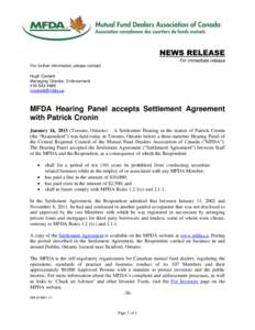 News release - MFDA Hearing Panel accepts Settlement Agreement with Patrick Cronin
