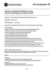 Attachment B Task Force on Blended and Online Learning Summary of Participants and Topics Covered Task Force On:	 The University of Texas System Task Force on Blended and Online Learning Appointed On:	 February 18, 2011 
