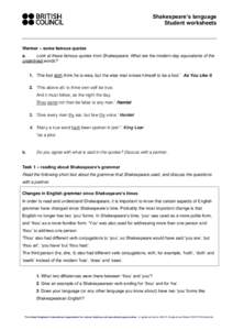 Shakespeare’s language Student worksheets Warmer – some famous quotes a. Look at these famous quotes from Shakespeare. What are the modern-day equivalents of the