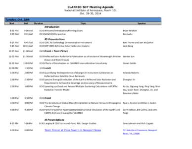 CLARREO SDT Meeting Agenda National Institute of Aerospace, Room 101 Oct[removed], 2014 Tuesday,	
  Oct.	
  28th	
   Start