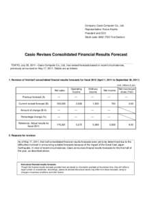 Casio Revises Consolidated Financial Results Forecast